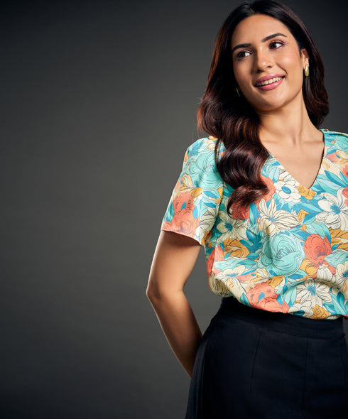 Vneck Shoulder Buttoned Green Top