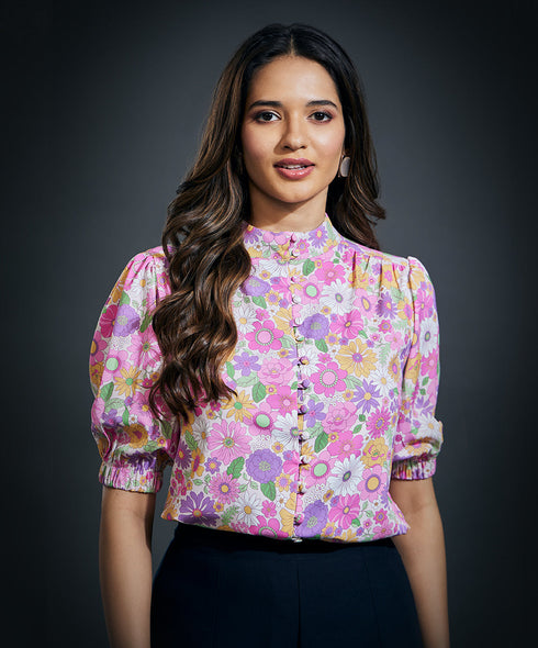 High Neck Three Quarter Sleeve Printed Formal Top