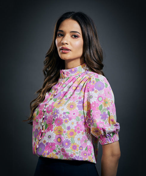 High Neck Three Quarter Sleeve Printed Formal Top