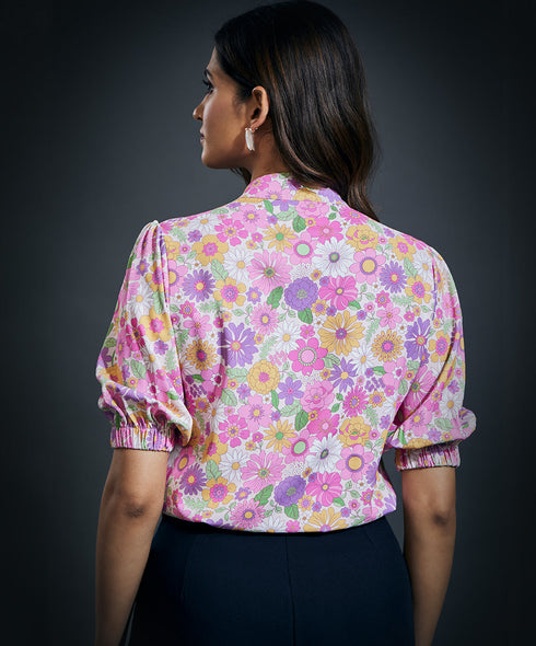 High Neck Three Quarter Sleeve Printed Formal Top