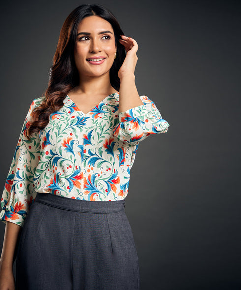 Vneck Printed Top With Buttons