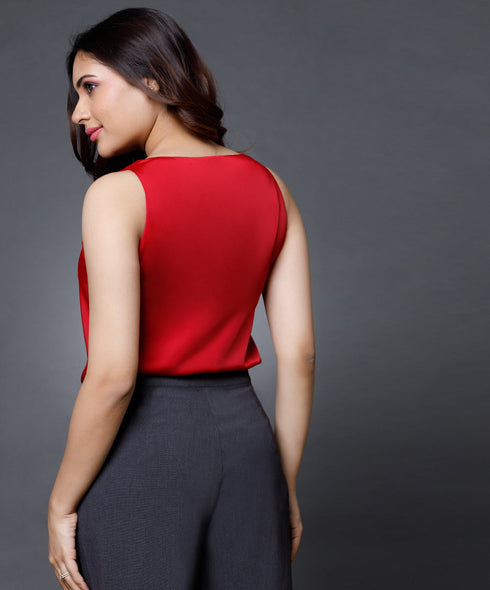 Sleeveless Vneck Satin Top-Dark Pink