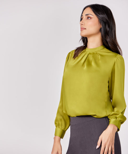 Satin Pleated Olive Long Sleeve Top