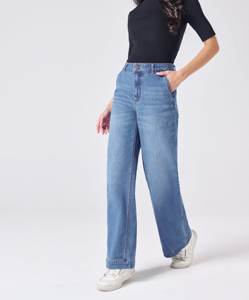 Flared Leg Mid Wash High Rise Jean