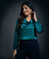 Cowl Neck Long Sleeve Satin Top-Dark Green