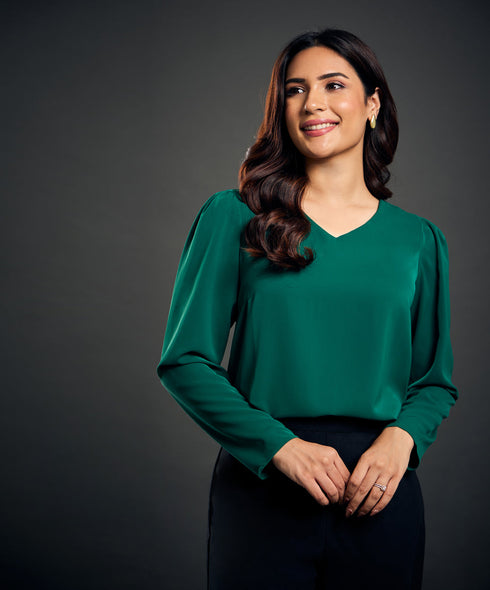 Vneck Long Sleeve Detailed Chiffon Top