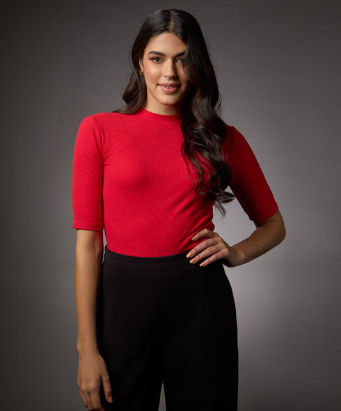 Short Sleeve High Neck Rib Top- Red
