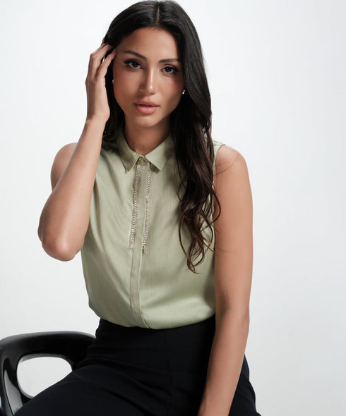 Sleeveless Embelished Elegant Formal Top-Light Green