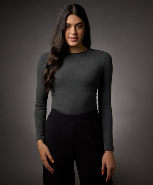 Long Sleeve Round Neck Rib Top- Dark Grey