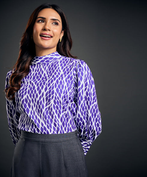 Round Standing Collar Printed Blue Top