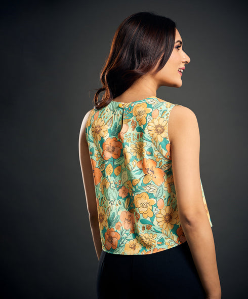 Sleeveless Flared Printed Chiffon Crop Top