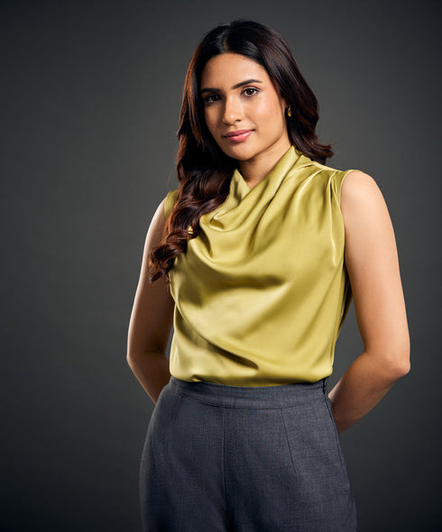 Cowl Neck Sleeveless Satin Green Top