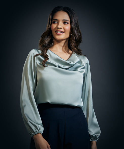 Cowl Neck Long Sleeve Satin Top-Olive