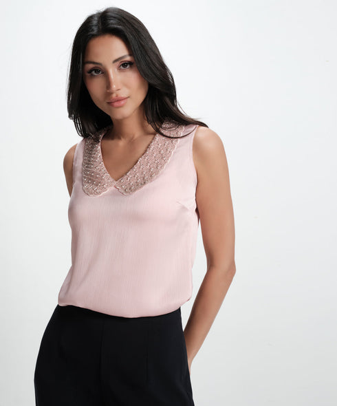 Sleeveless Collar Aattached Pink Top