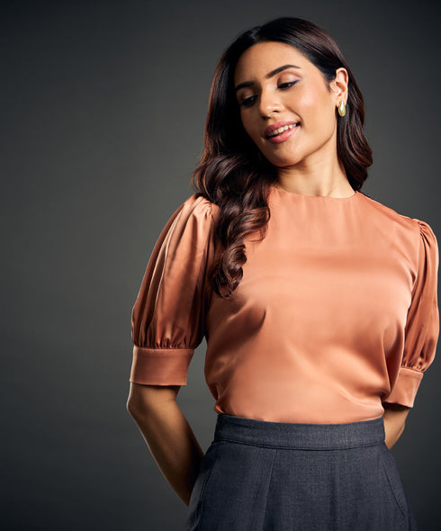 Satin Puffed Sleeve Brown Top