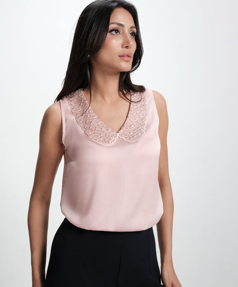 Sleeveless Collar Aattached Pink Top