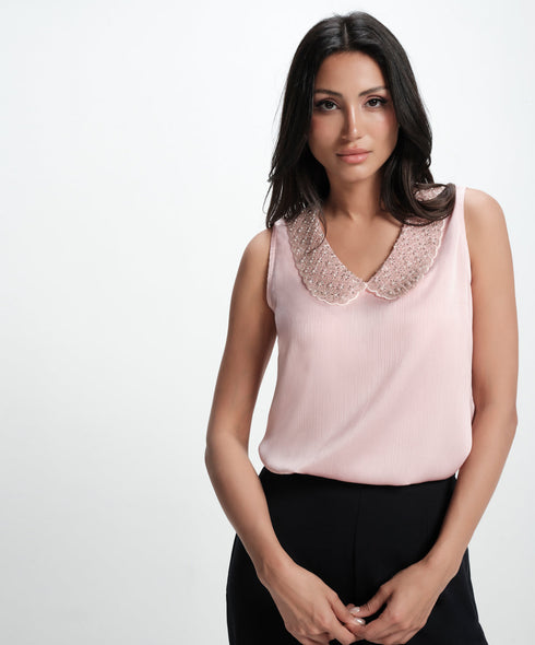 Sleeveless Collar Aattached Pink Top