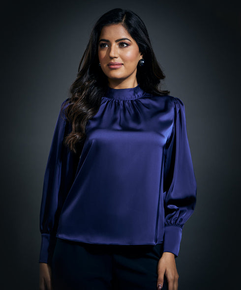 High Neck Long Sleeve Button Detailed Satin Top-Navy
