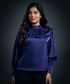 High Neck Long Sleeve Button Detailed Satin Top-Navy