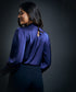 High Neck Long Sleeve Button Detailed Satin Top-Navy