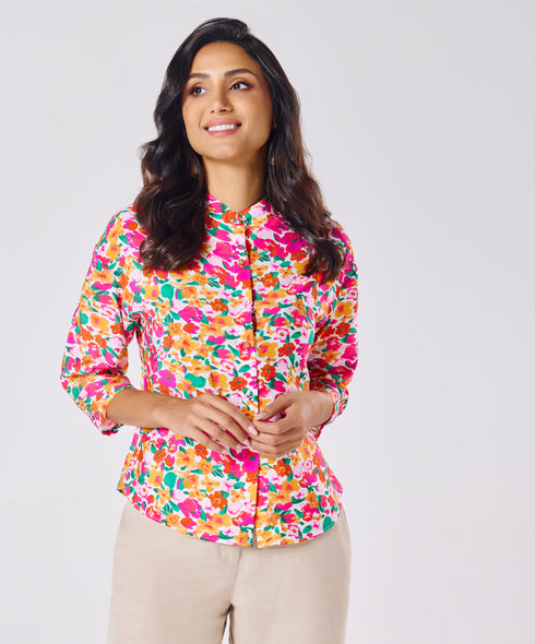 Mandarine Collar Printed Roll Up Sleeve Top