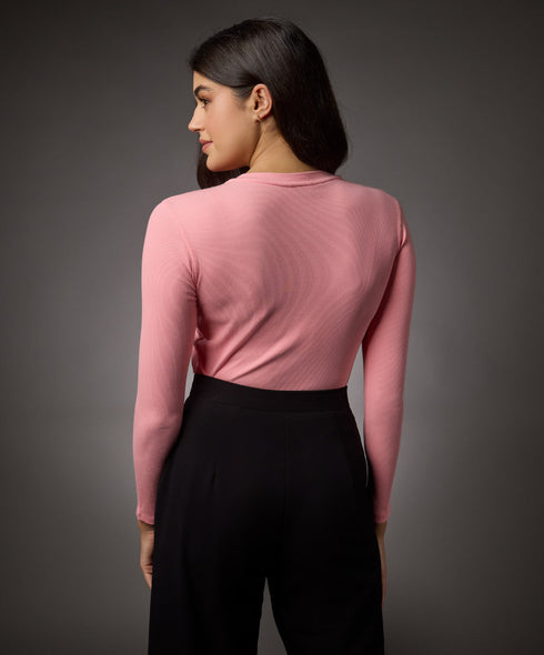 Long Sleeve Round Neck Rib Top- Peach Pink