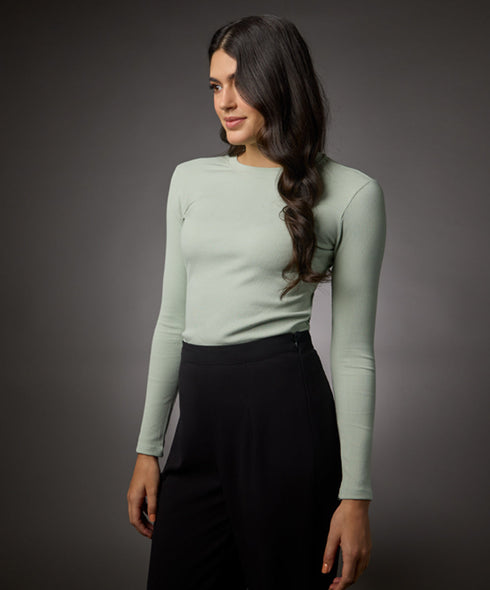 Long Sleeve Round Neck Rib Top- Baby Green