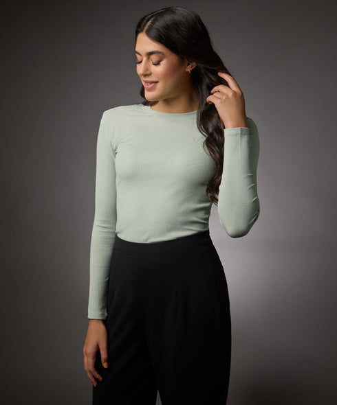 Long Sleeve Round Neck Rib Top- Baby Green