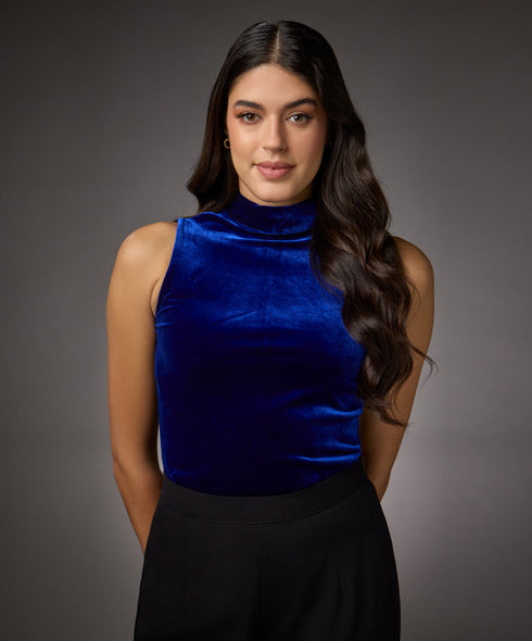 High Neck Sleeveless Velvet Top- Royal Blue