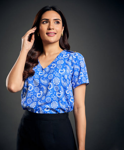 Vneck Shoulder Buttoned Blue Top