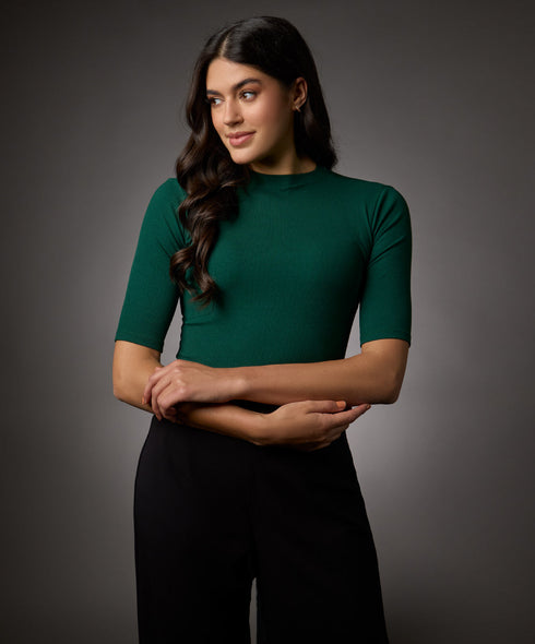 Short Sleeve High Neck Rib Top-Dark Green