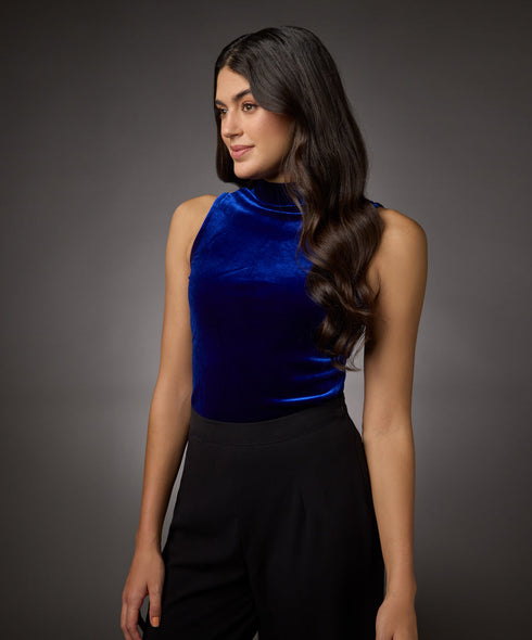 High Neck Sleeveless Velvet Top- Royal Blue