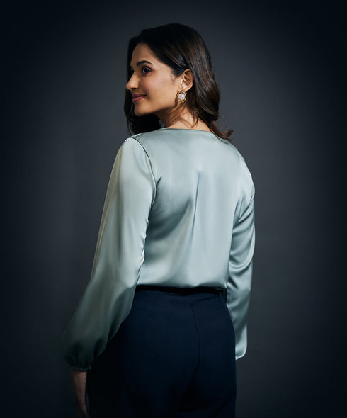 Cowl Neck Long Sleeve Satin Top-Olive