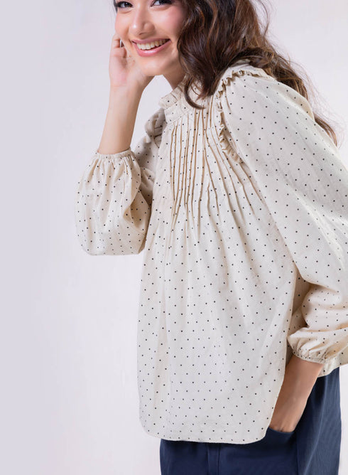 Pintuck Detailed Polka Dot Printed Top
