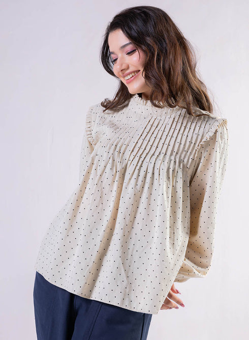 Pintuck Detailed Polka Dot Printed Top