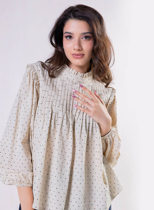 Pintuck Detailed Polka Dot Printed Top