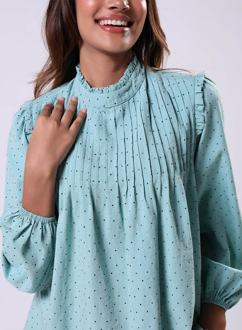 Pintuck Detailed Polka Dot Green Top