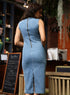 Blue Sleeveless Long Length Denim Dress