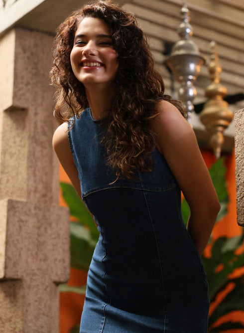Sleeveless Shift Stylish Denim Midi Dress