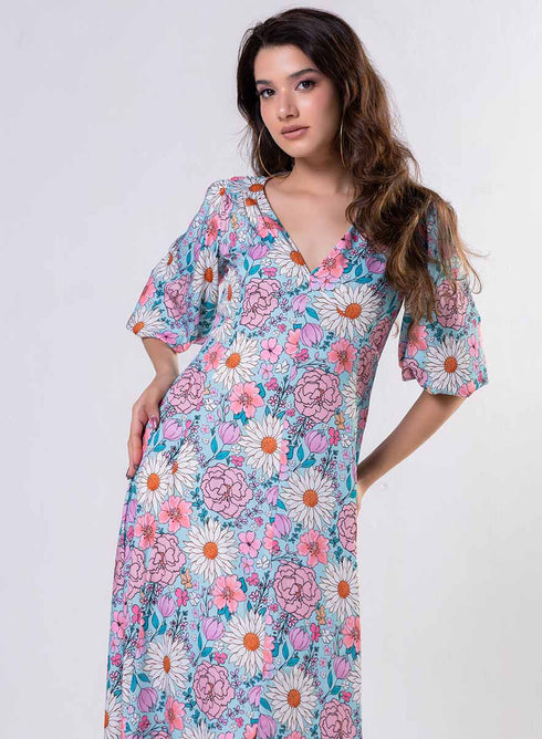 Curved V Neck Paneled Satin Printed Dress