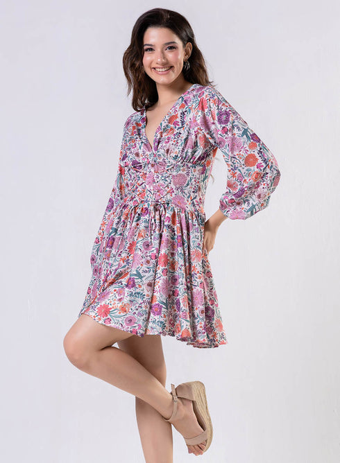 Front Tie Satin Printed Dress