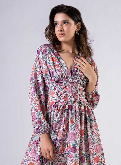 Front Tie Satin Printed Dress