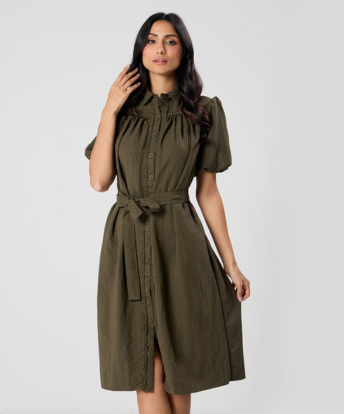 Trim Detailed Buckle Attached Green Dress