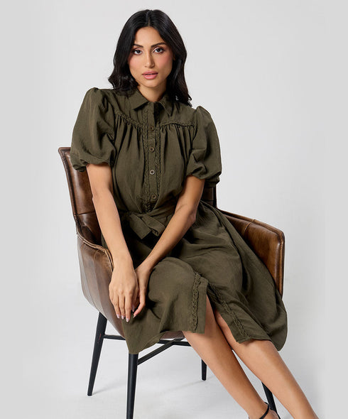 Trim Detailed Buckle Attached Green Dress