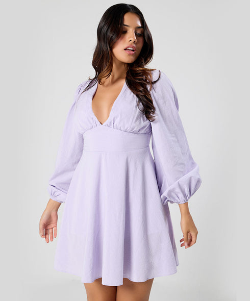 Long Puffed Sleeve Plunge Vneck Dress