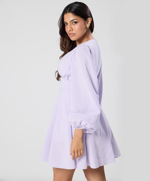 Long Puffed Sleeve Plunge Vneck Dress