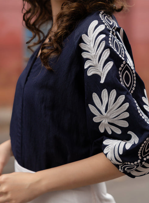 White Embroidered Black Top