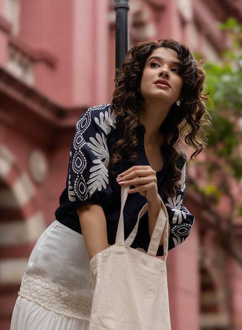 White Embroidered Black Top