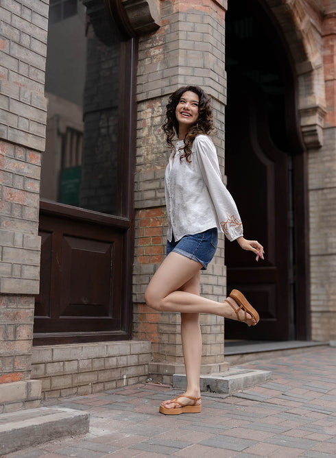 Mandarin Collar Sleeve Embroidered Long Sleeve Top