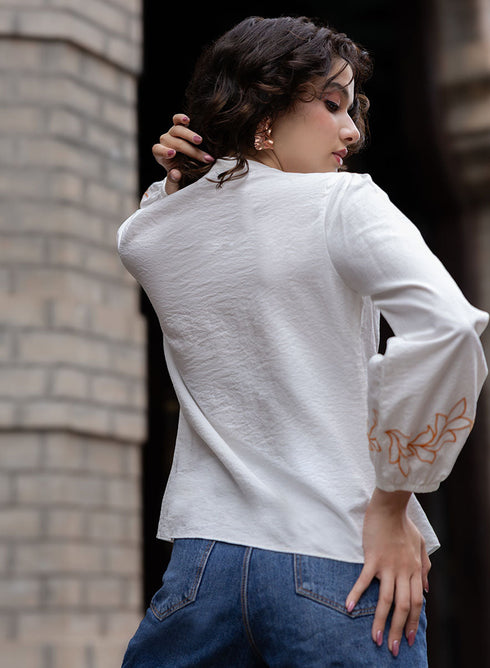 Mandarin Collar Sleeve Embroidered Long Sleeve Top